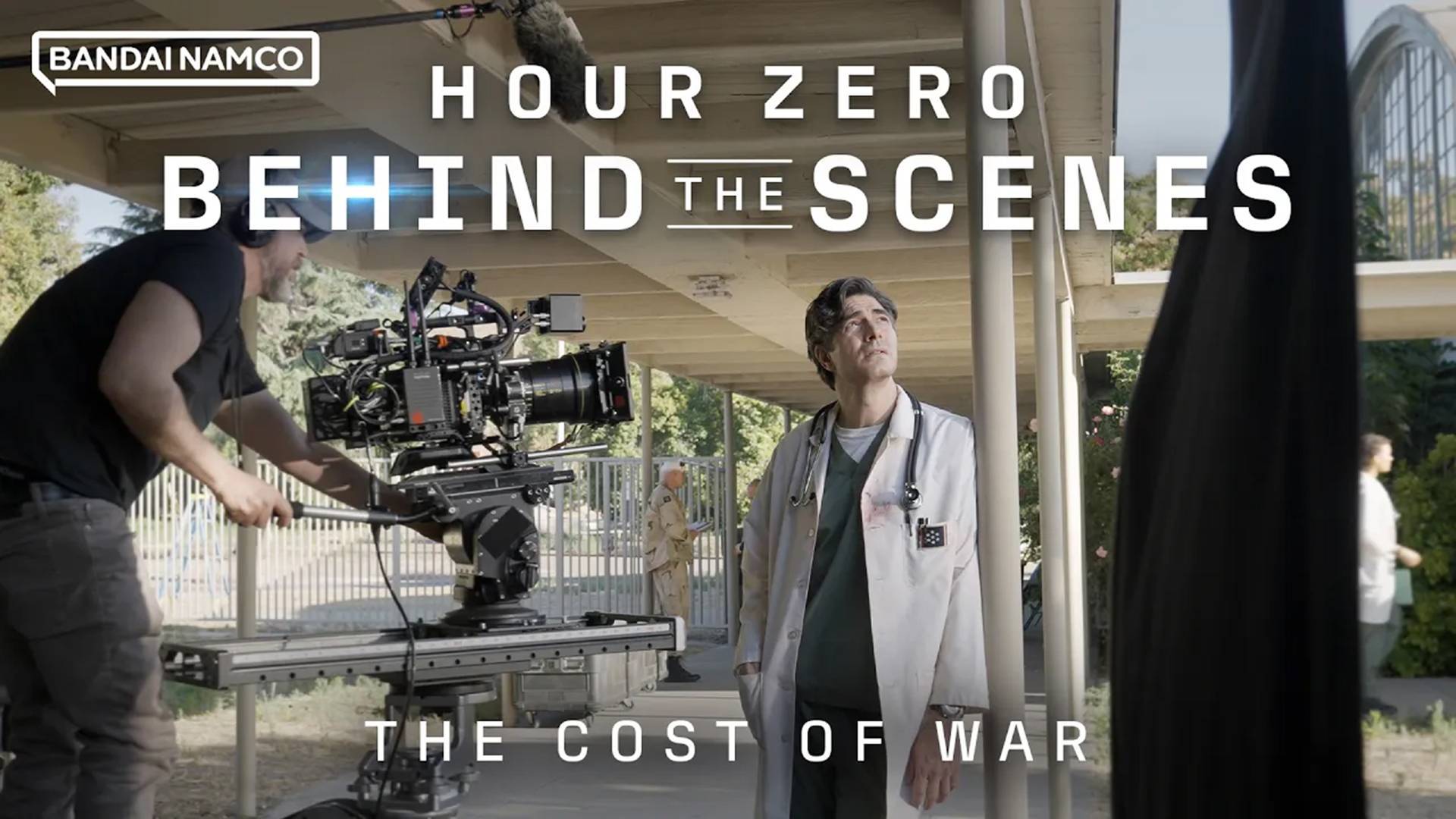 Hour Zero: The Cost of War behind-the-scenes photo of film crew shooting actor dressed as army doctor
