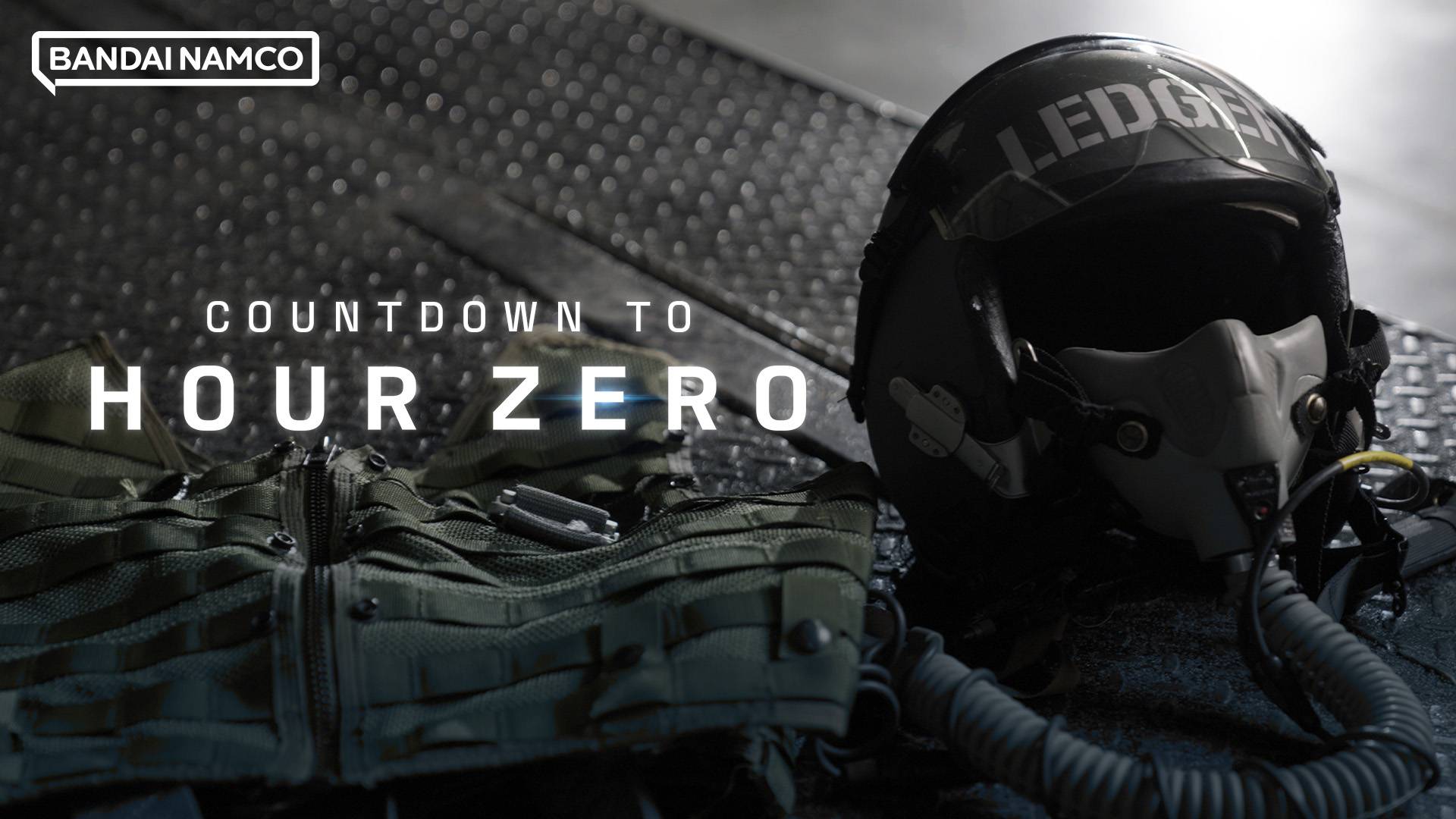 Ace Combat 8 Hour Zero countdown promotional artwork with fighter pilot helmet and tactical gear