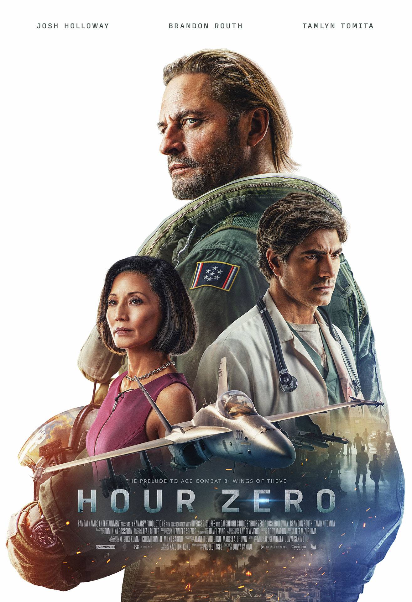 Hour Zero poster art, live-action prelude to Ace Combat 8: Wings of Theve, featuring cast and fighter jet