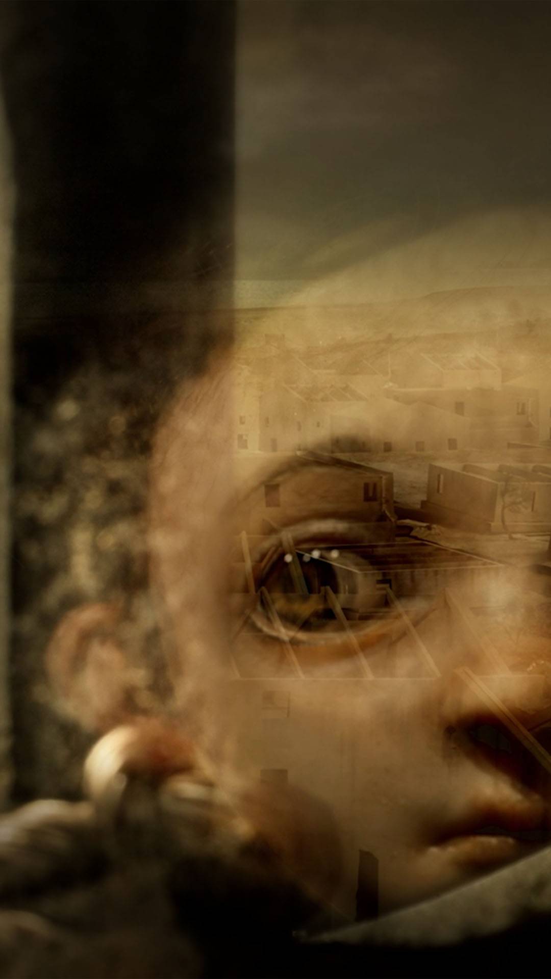 Little Nightmares stop-motion teaser - Haunting close-up of character's eye reflecting abandoned buildings in sepia tones