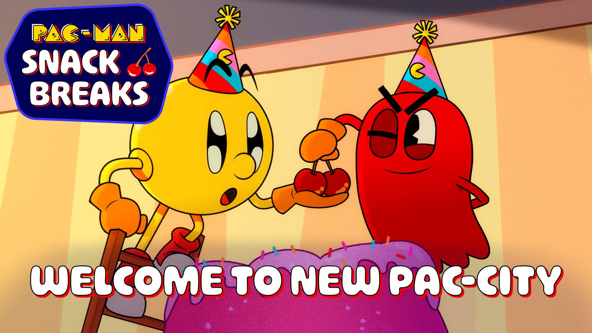 PAC-MAN Snack Breaks animated series promotional art showing PAC-MAN and Blinky in party hats celebrating in New Pac-City