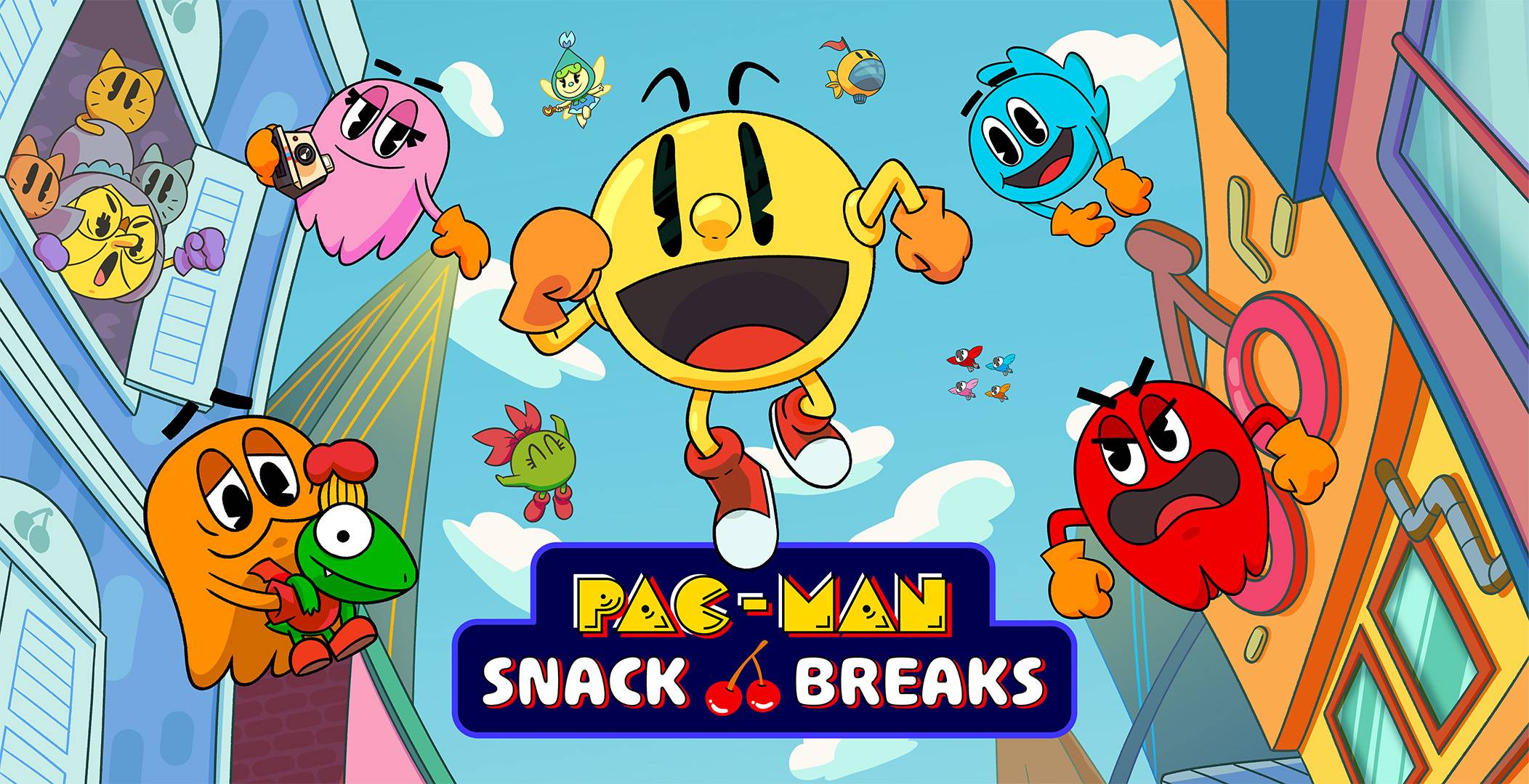 PAC-MAN Snack Breaks promotional key art featuring PAC-MAN and ghost characters in colorful animated city