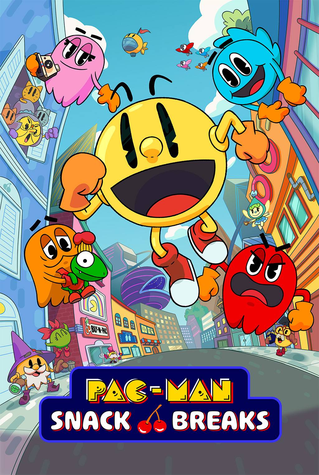 PAC-MAN Snack Breaks promotional key art featuring PAC-MAN and ghost characters in colorful animated city