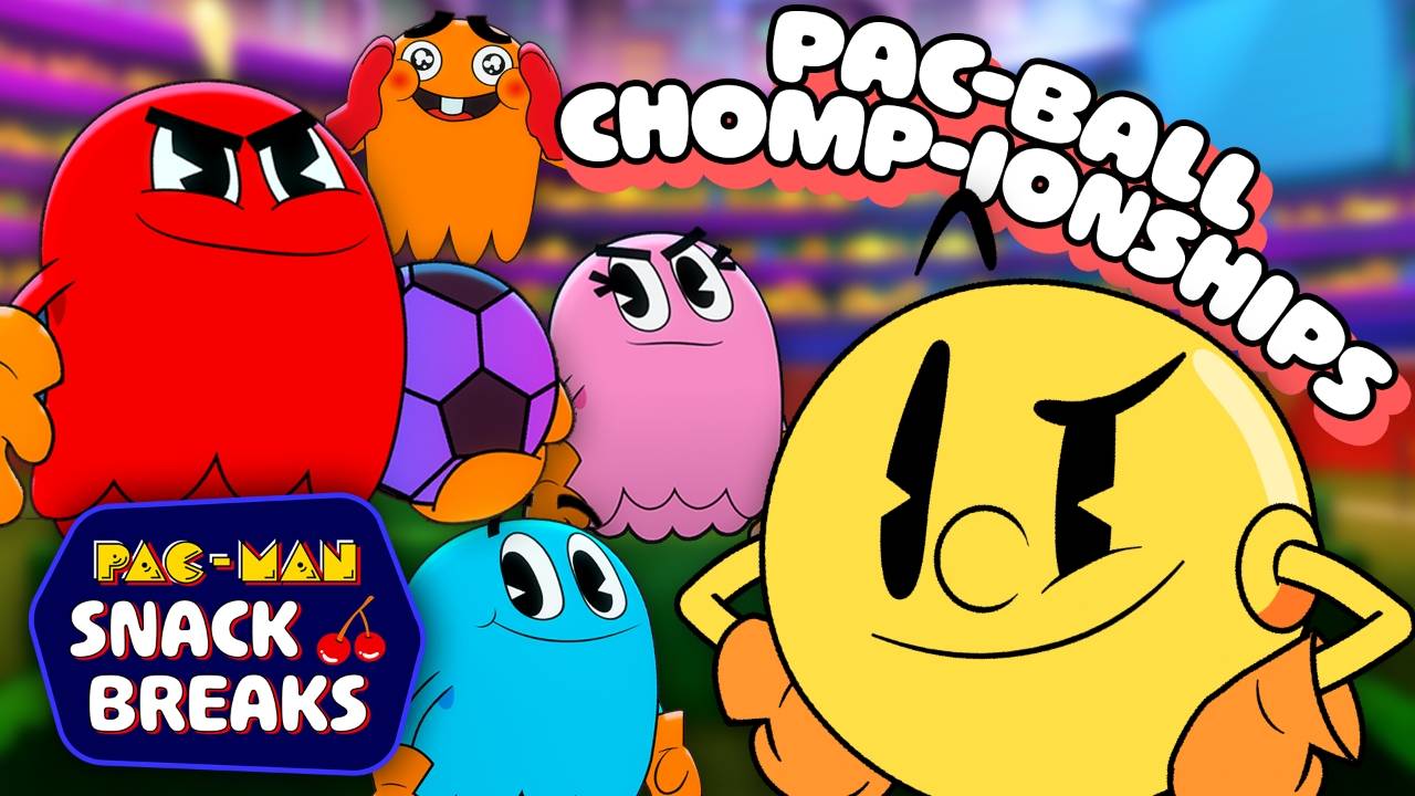 PAC-MAN, PAC-WIZ and MIRU playing PAC-Ball soccer at the PAC-Ball Regional Chomp-ionships, with Ghost Team villains threatening the match in PAC-Land