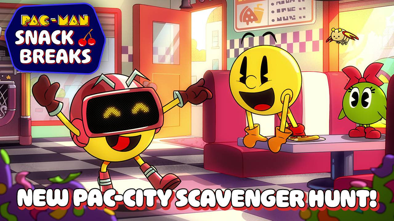 Pac-Man Snack Breaks episode 4 artwork showing Pac-Man and Miru starting DJ Pac's city scavenger hunt