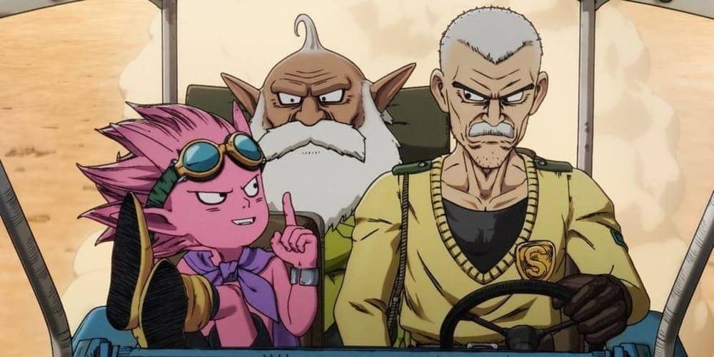 Sand Land episode 1 - Beelzebub, Sheriff Rao and Thief sitting in desert vehicle during their first adventure