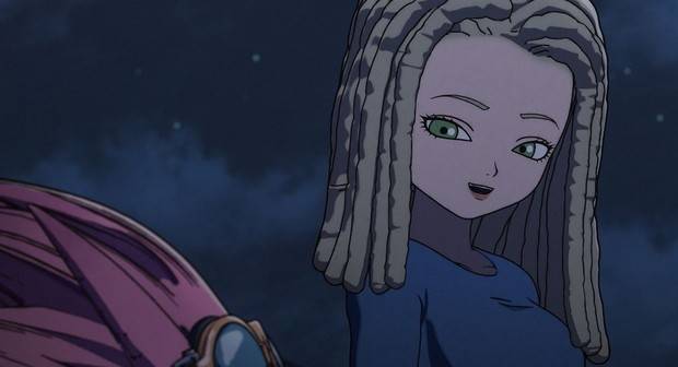 Sand Land episode 10 - Ann character with blonde dreadlocks and green eyes in night scene with dark blue background