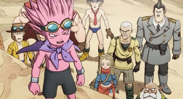 Sand Land episode 11 - Beelzebub in foreground with group including Ann, Sheriff Rao, Thief, General Are and one of the Swimmers in desert setting