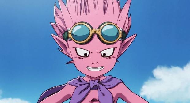 Sand Land episode 4 - Beelzebub close-up portrait with pink spiky hair and goggles against blue sky with clouds