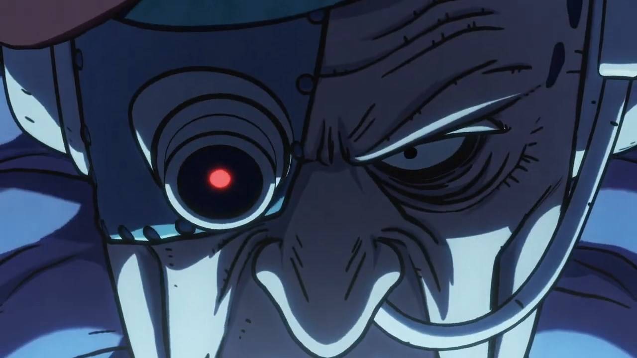 Sand Land episode 5 - General Zeu close-up with glowing red eye and menacing expression in dark lighting