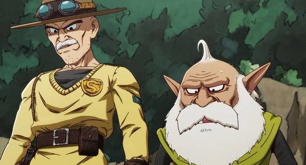 Sand Land episode 8 - Sheriff Rao and Thief standing together in forest setting with green foliage background