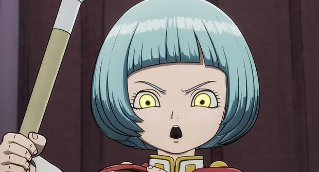 Sand Land episode 9 - Muniel character with blue bob haircut and yellow eyes holding sword with surprised expression