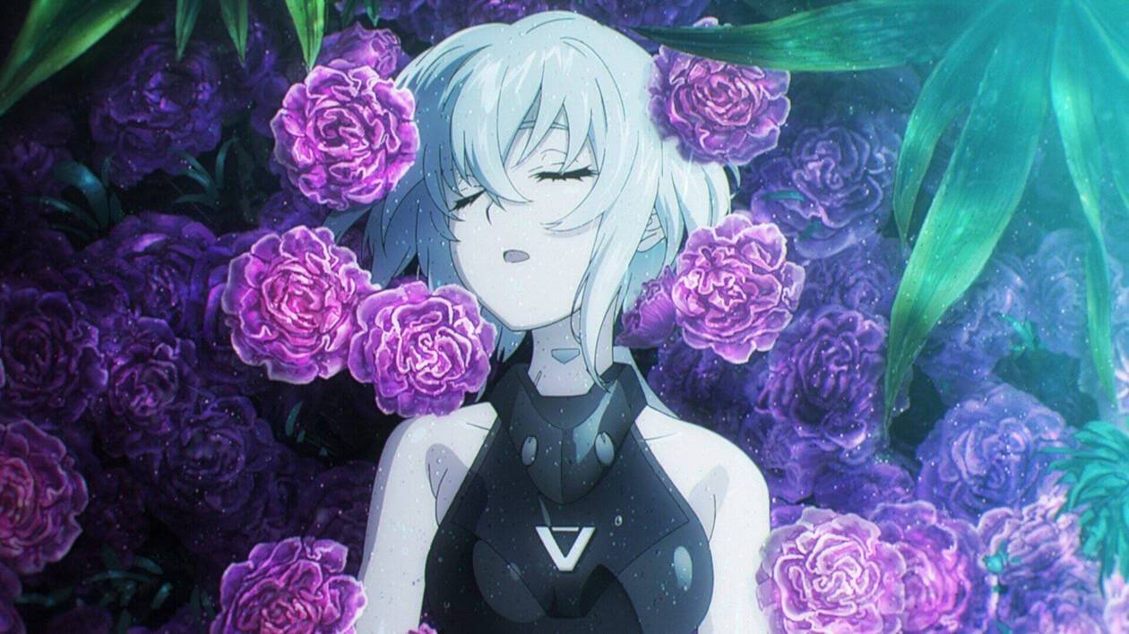 Synduality Noir episode 1 - Magus character with white hair surrounded by purple roses in ethereal floral setting