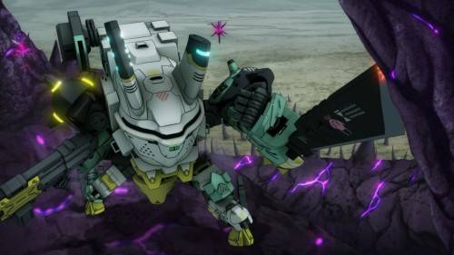 Synduality Noir episode 12 Mirage of the Ideal thumbnail showing white and green mech with purple energy effects in rocky terrain