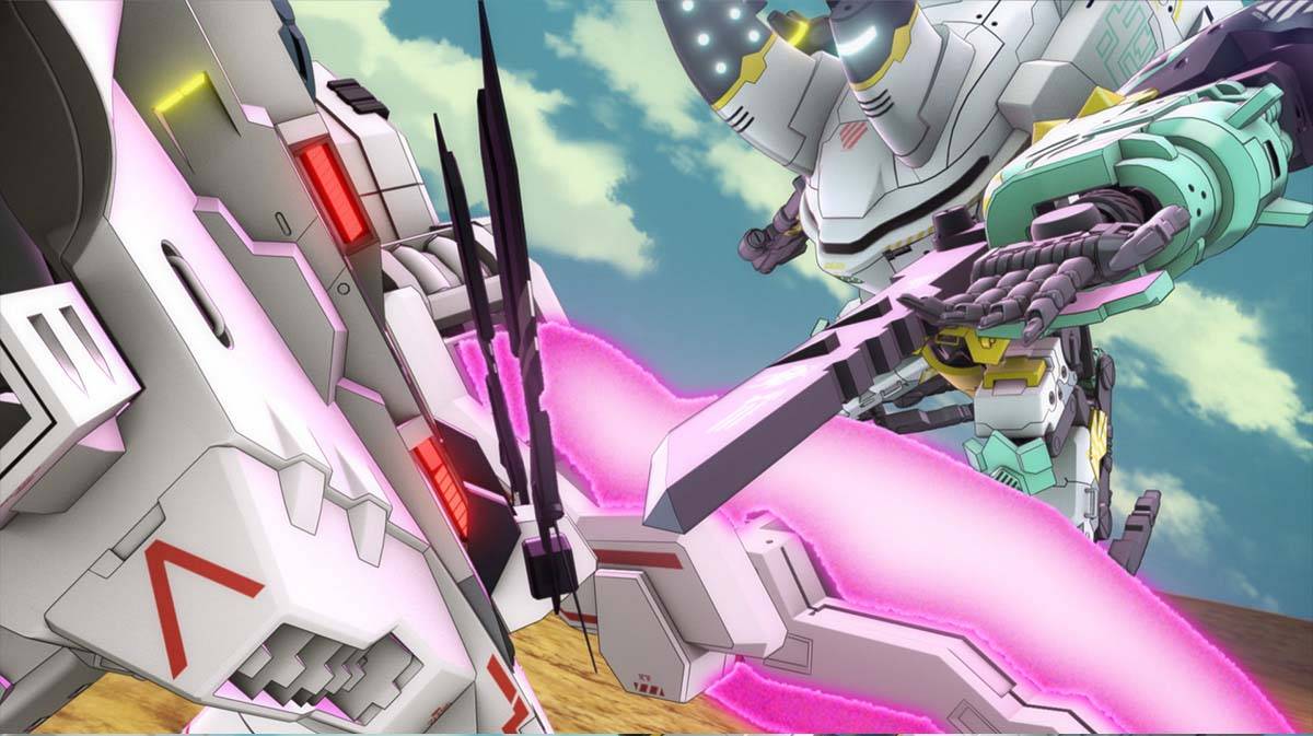 Synduality Noir episode 15 Duel of Fates thumbnail showing two mechs in aerial combat with pink energy beam