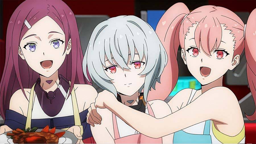 Synduality Noir episode 16 Noir Rain thumbnail showing Noir with silver hair surrounded by female characters in cheerful scene