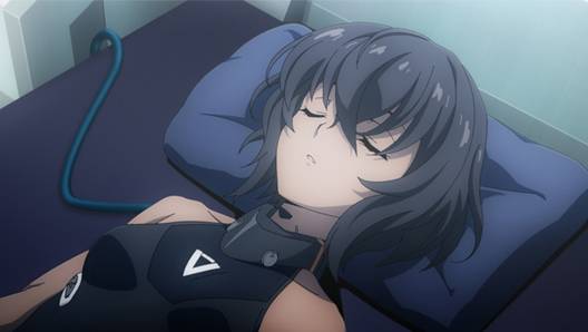 Synduality Noir episode 17 Greyish Zone thumbnail showing Mystere resting with closed eyes in intimate scene