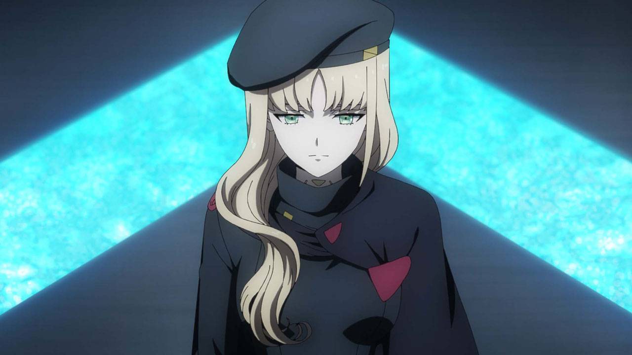 Synduality Noir episode 18 Beyond the Sky thumbnail showing blonde character with green eyes in military uniform against bright blue sky