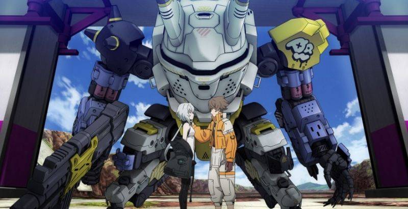 Synduality Noir episode 2 My Master thumbnail showing two characters standing before large mechs in a futuristic hangar setting