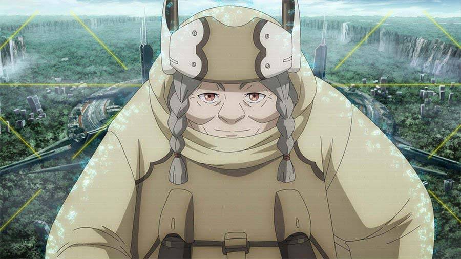 Synduality Noir episode 20 Their Narratives thumbnail showing elderly character in protective gear overlooking vast landscape with yellow energy barriers