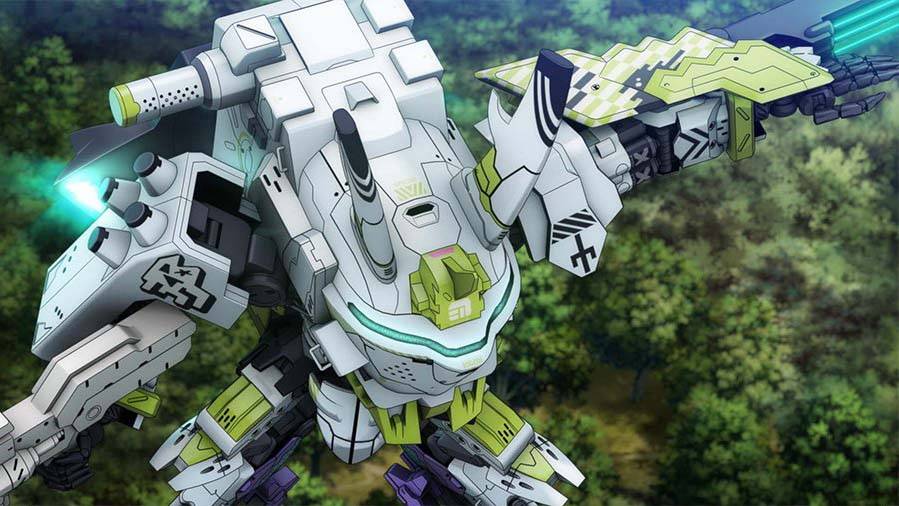 Synduality Noir episode 22 Gravity Coffin thumbnail showing white and green mech in aerial combat over forest landscape