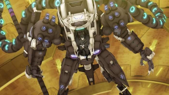 Synduality Noir episode 23 Over the Limit thumbnail showing large white and black mech with multiple blue glowing sensors in industrial setting