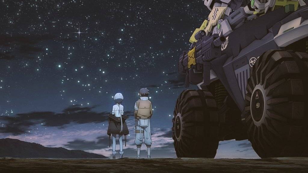 Synduality Noir episode 24 My Name is Noir Drifters Again thumbnail showing Noir and Kanata from behind facing starry sky with large mech