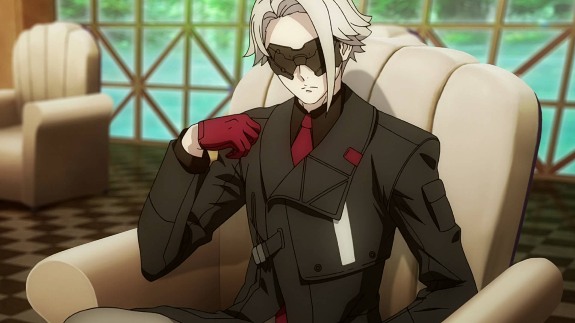 Synduality Noir episode 3 Behind the Mask thumbnail featuring masked character in dark suit seated in luxurious interior