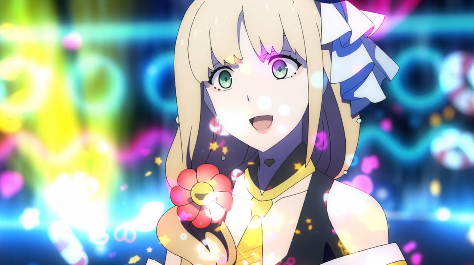 Synduality Noir episode 8 Pure Dream thumbnail showing blonde character holding colorful flower against vibrant bokeh background