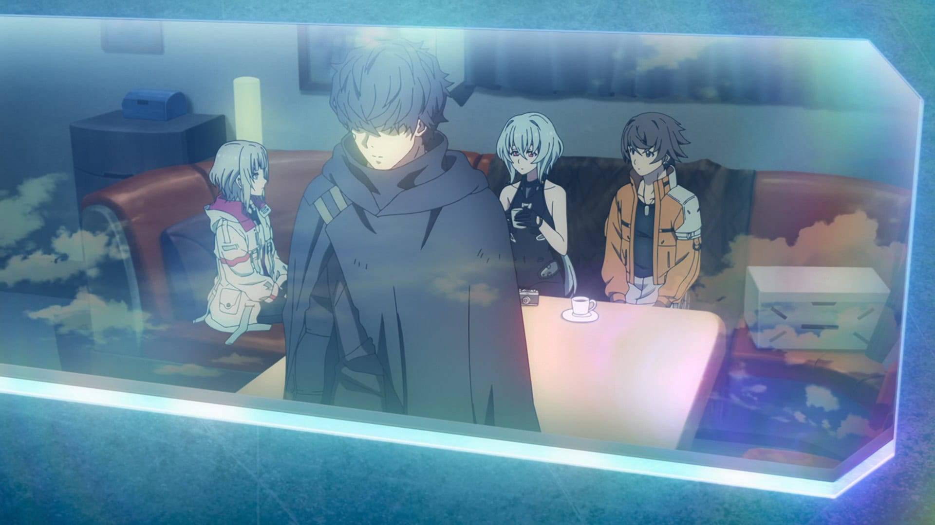 Synduality Noir episode 9 Legendary Hero thumbnail showing four characters in futuristic transparent capsule or pod