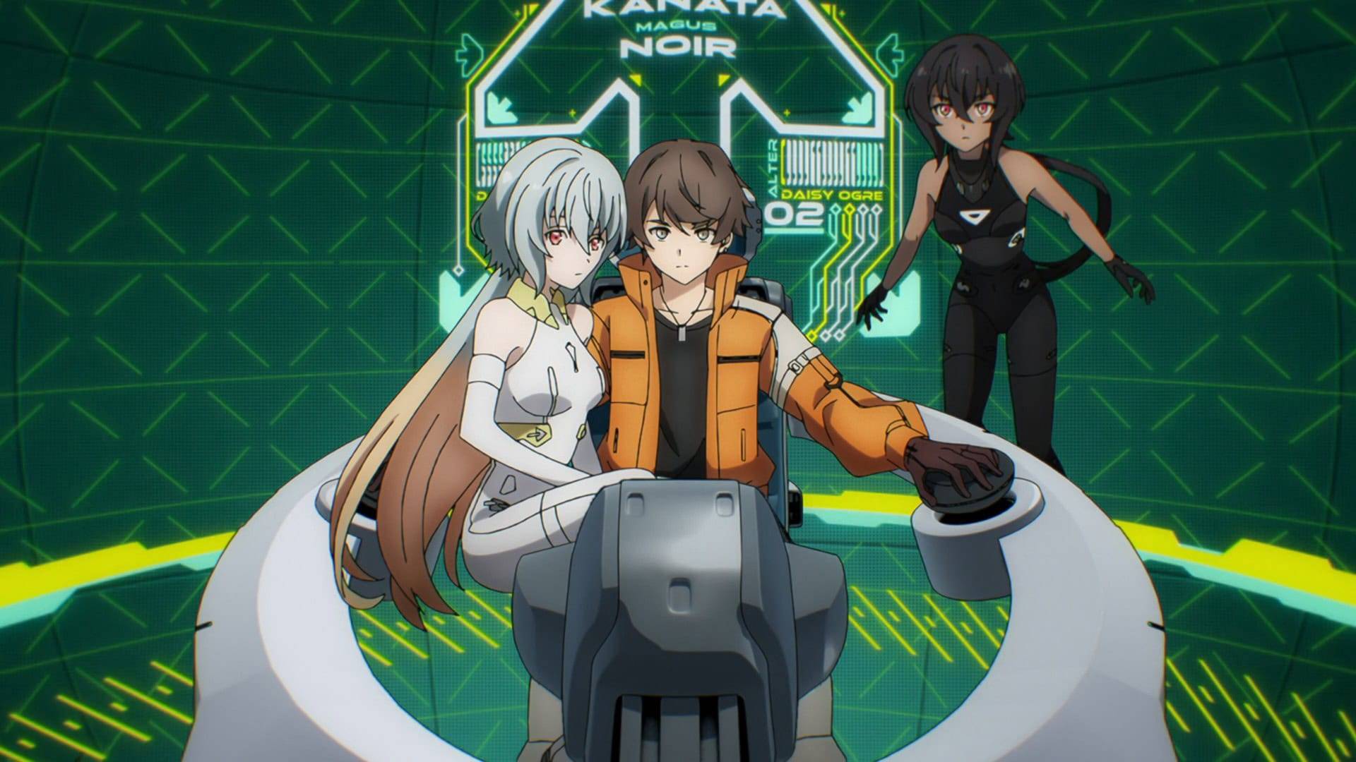 Synduality Noir season 1 anime characters in futuristic control room with green digital interface, available on Prime Video