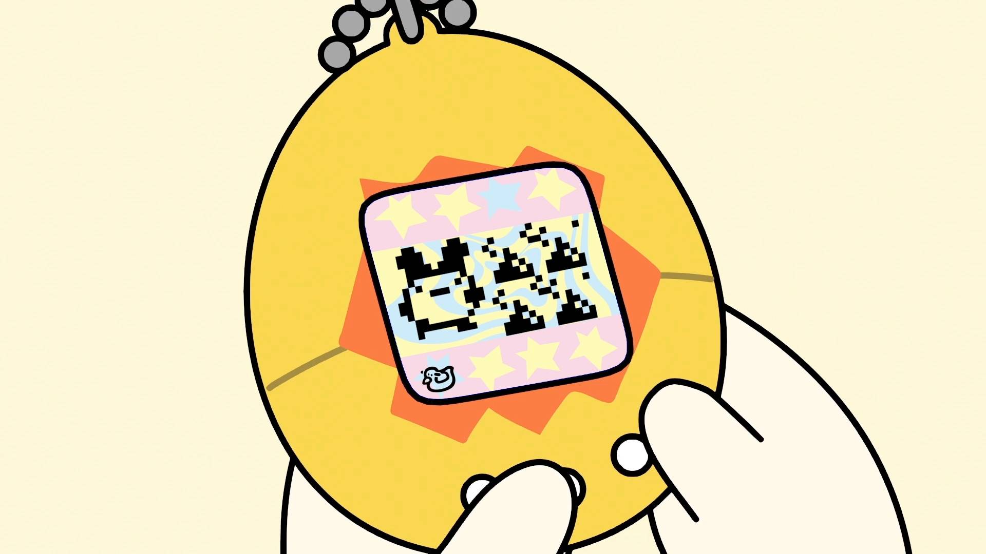 Tamagotchi character holding digital pet device - Tama Animation Episode 1 thumbnail YouTube series