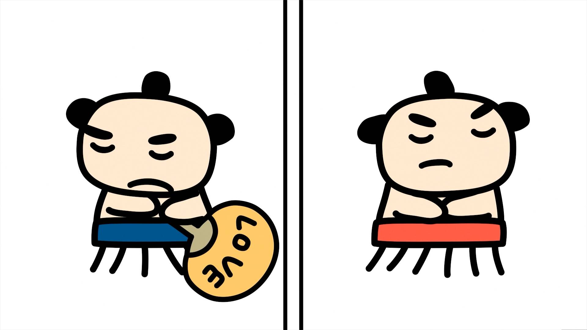 Two Tamagotchi characters sitting side by side - one with blue bottom holding fan, other with red bottom looking sad