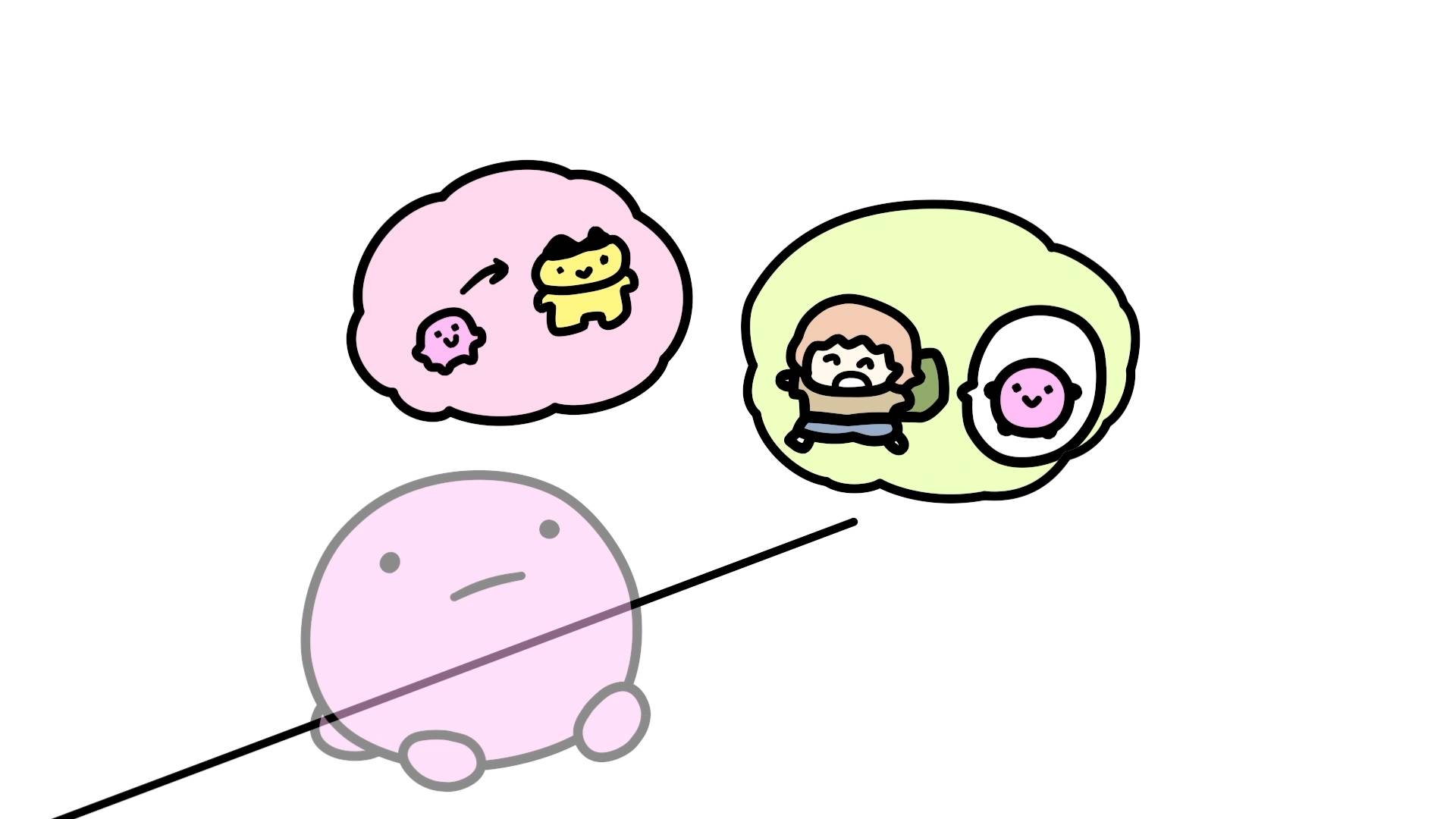 Pink Tamagotchi character with sad expression below two thought bubbles containing various Tamagotchi friends