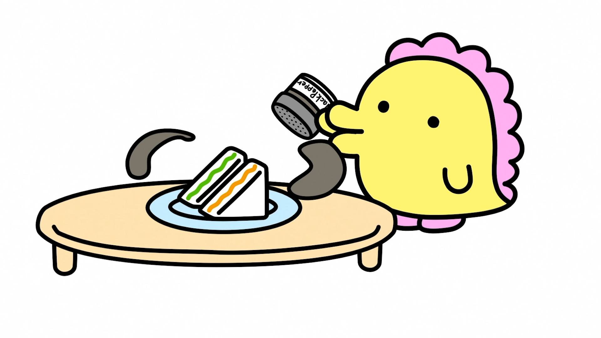 Sebiretchi Tamagotchi character with pink hair seasoning colorful cake slice with salt shaker at table