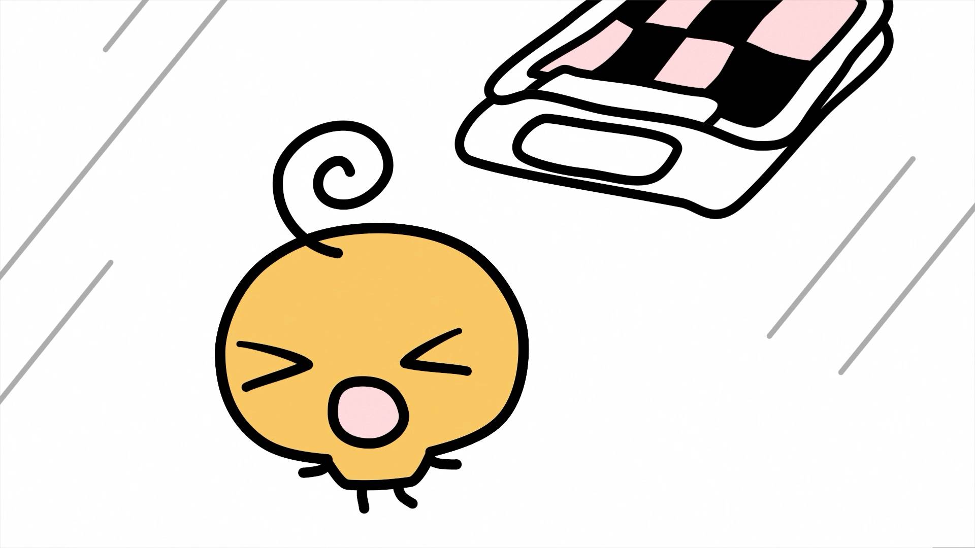 Memetchi Tamagotchi character with shocked expression as pink and white checkered blanket falls from above