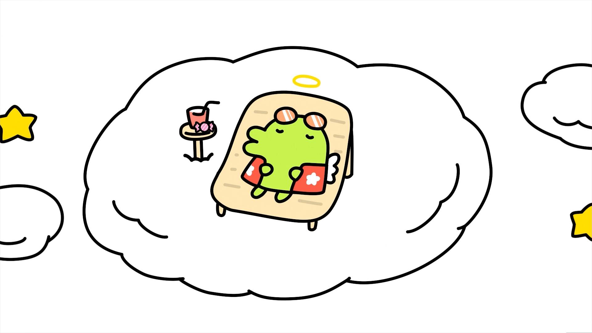 Dream bubble showing green Tamagotchi character relaxing on beach chair with sunglasses and drinks