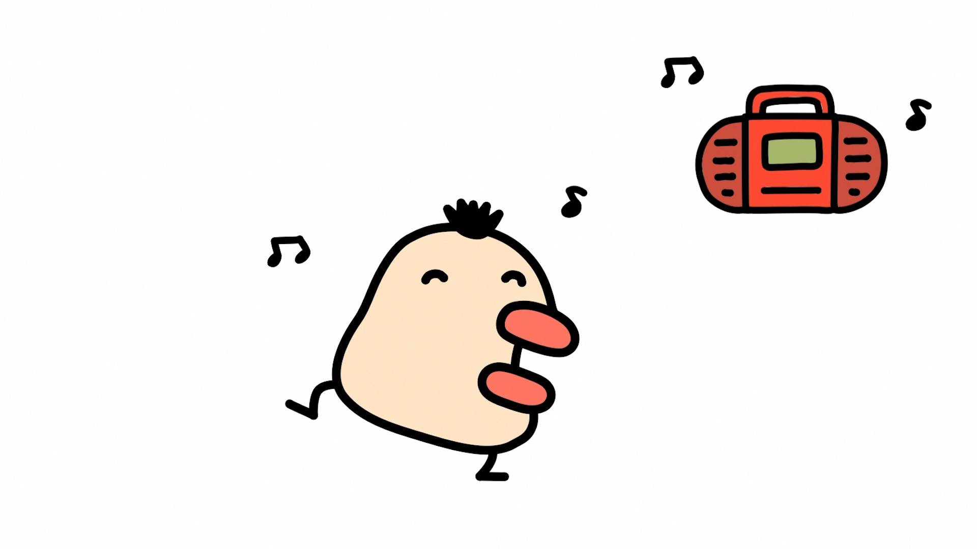 Tarakotchi Tamagotchi character singing with mouth open next to red boom box with musical notes floating