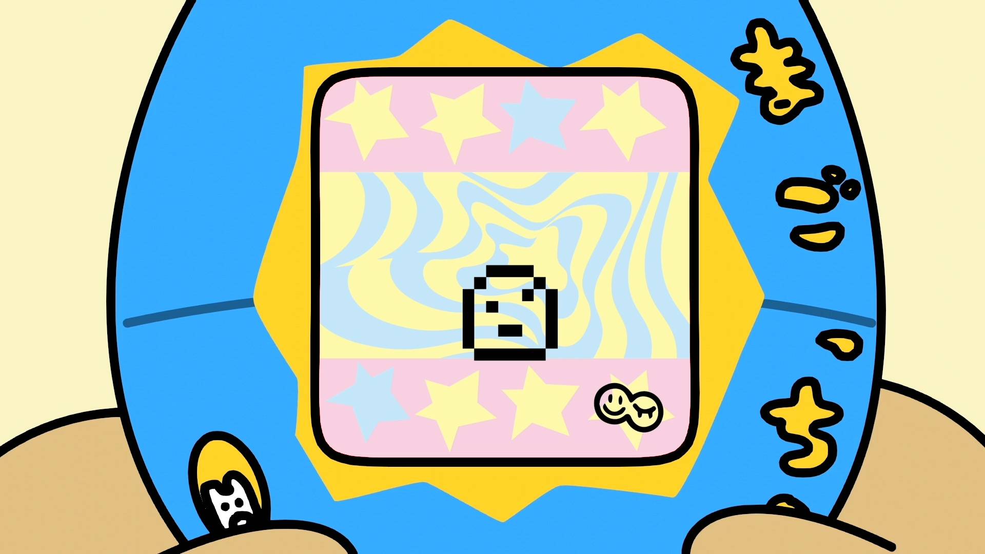 Tamagotchi device screen showing Babytchi hatching from egg with colorful stars and swirl patterns