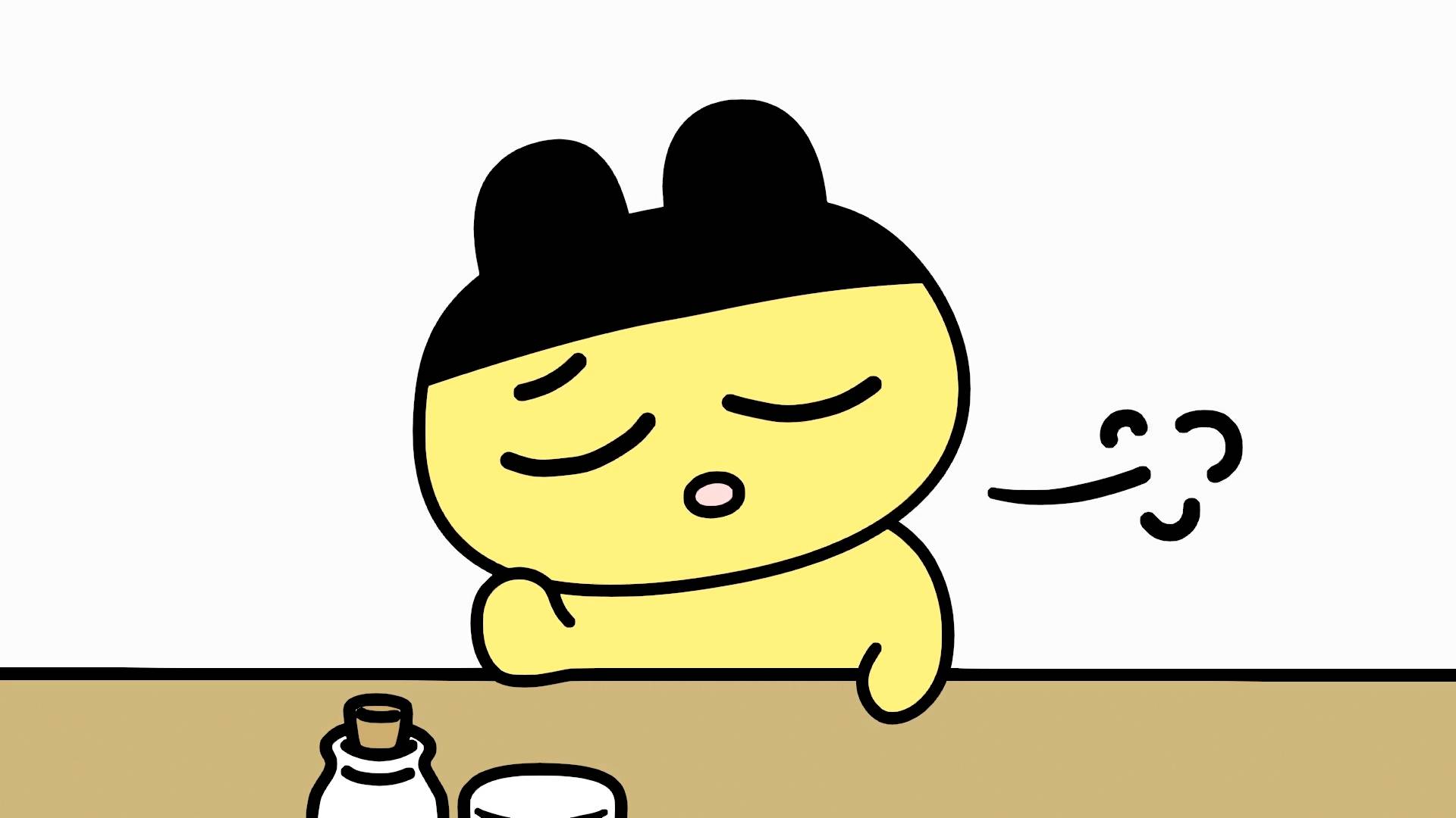 Mametchi Tamagotchi character with black hair blowing air with steam clouds floating nearby