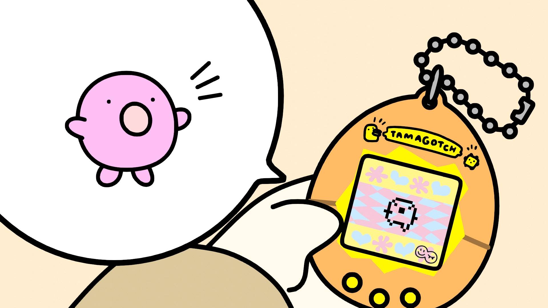 Tamatchi pink Tamagotchi character floating near orange Tamagotchi device showing pixelated character