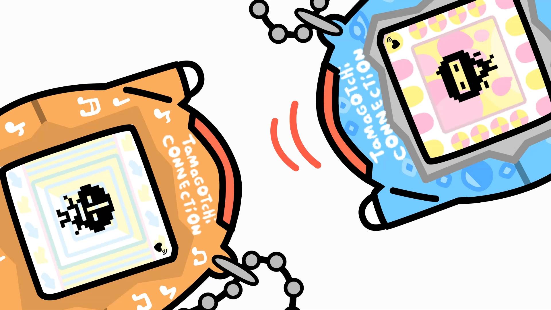Two Tamagotchi devices connecting with red wireless signals - orange and blue devices with pixelated pets