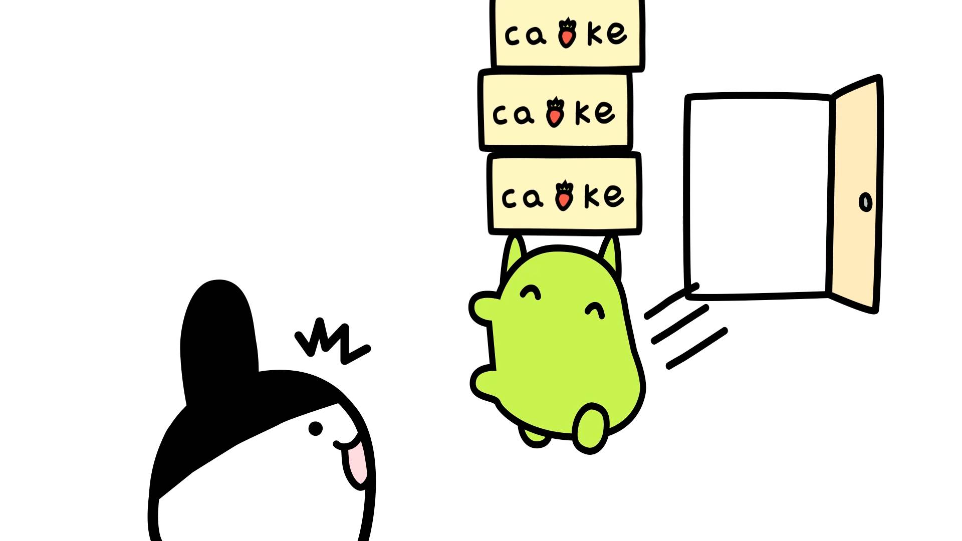 Green Tamagotchi character carrying stack of three cake boxes while another character watches from left