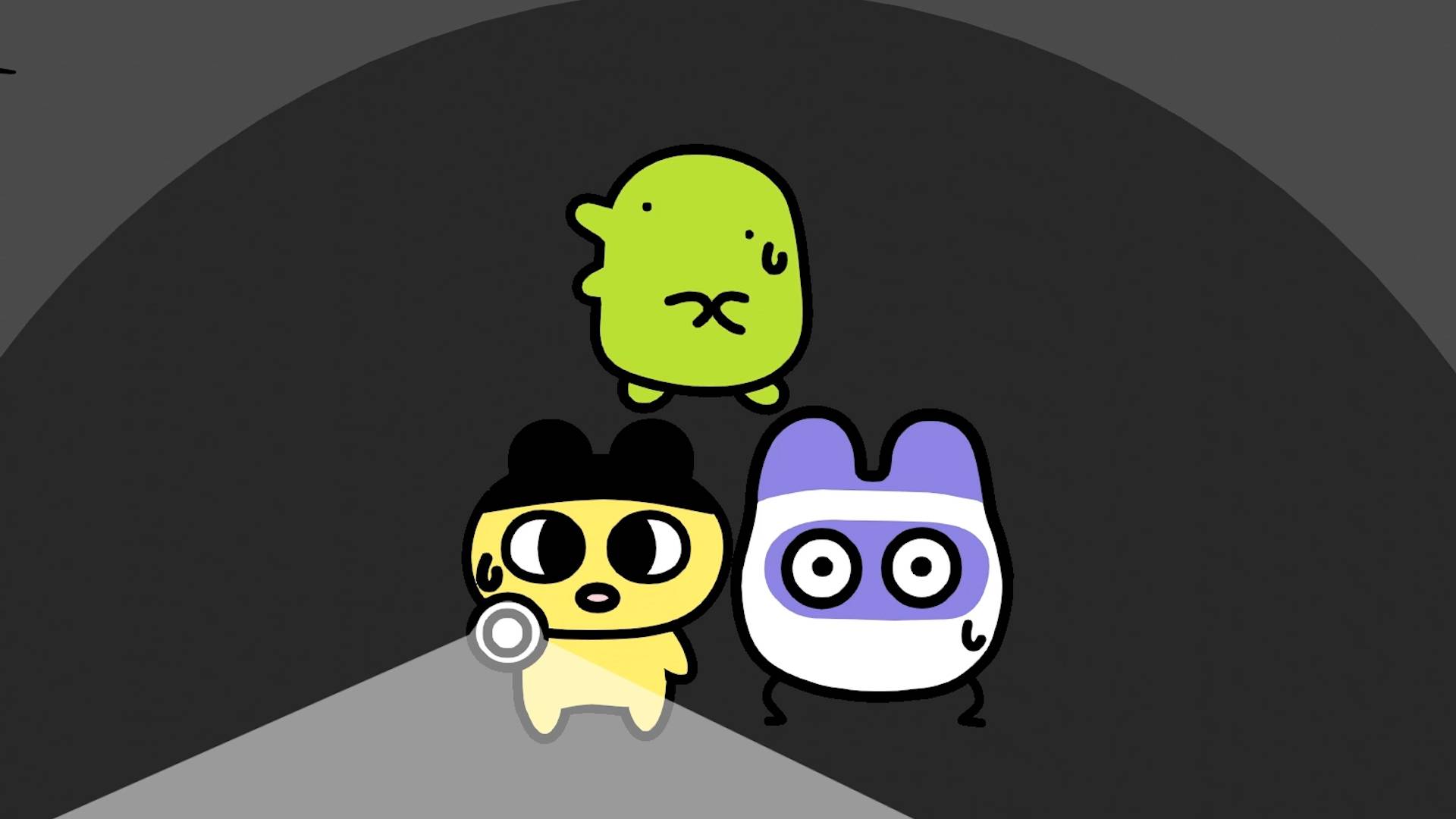 Three Tamagotchi characters in spotlight - Kuchipatchi floating above, Mametchi with pacifier and purple character below
