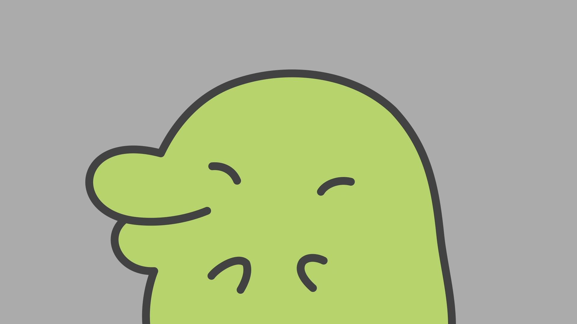 Kuchipatchi green Tamagotchi character with closed eyes and happy smile against gray background