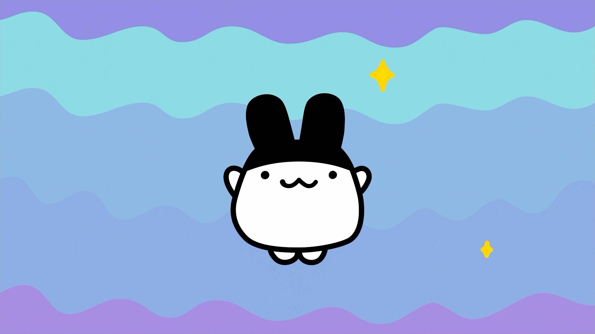 Tamagotchi character floating in dreamy sky with wavy clouds and sparkles in animation scene