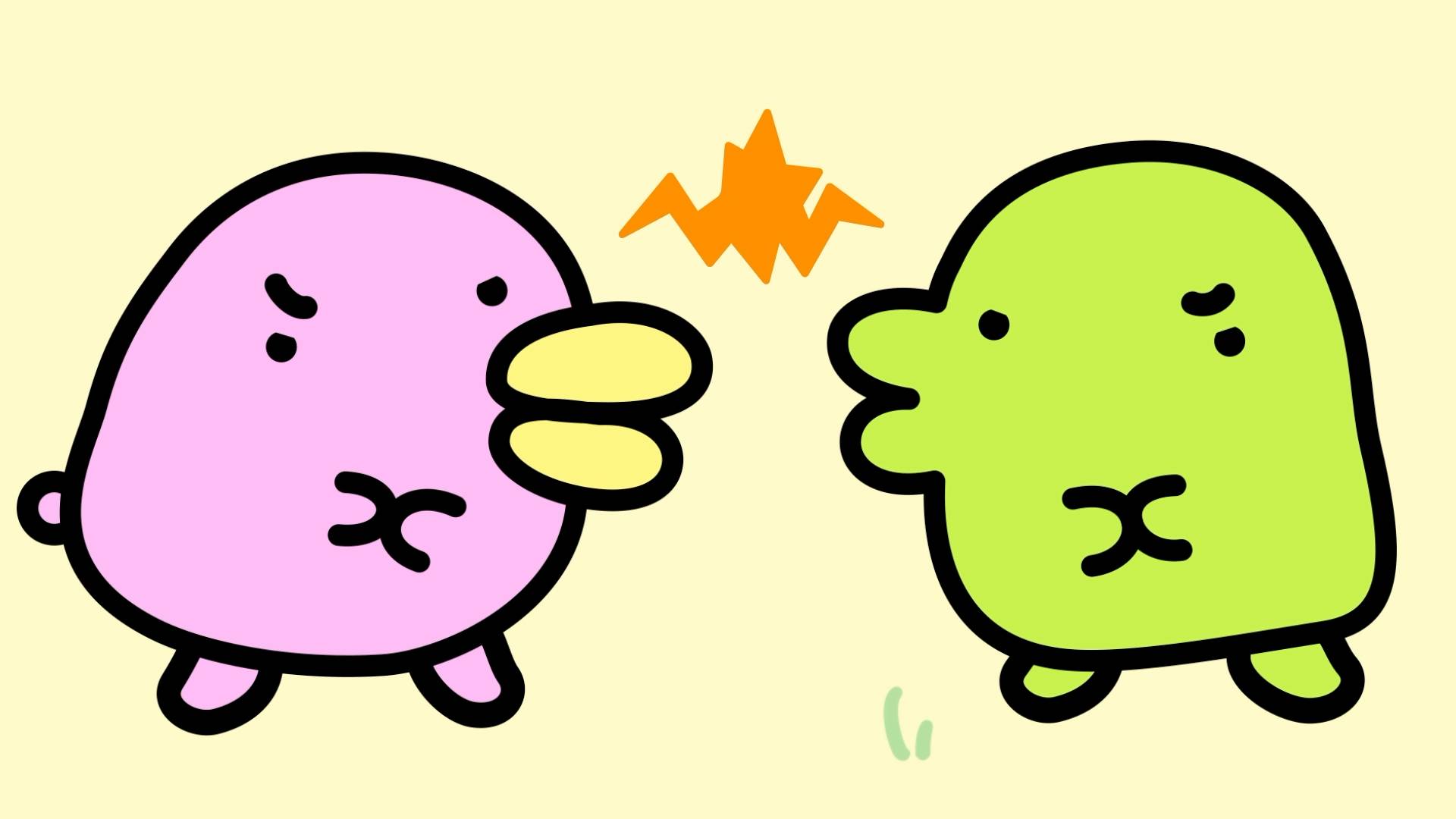 Two Tamagotchi characters arguing with angry expressions and tension symbol in animation scene