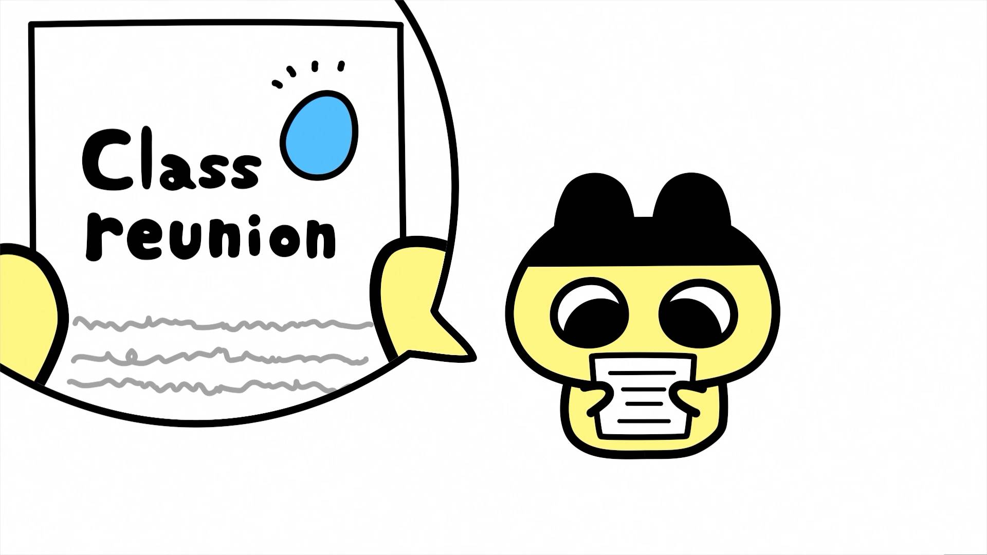 Tamagotchi character reading class reunion invitation notice in Tama Animation episode scene