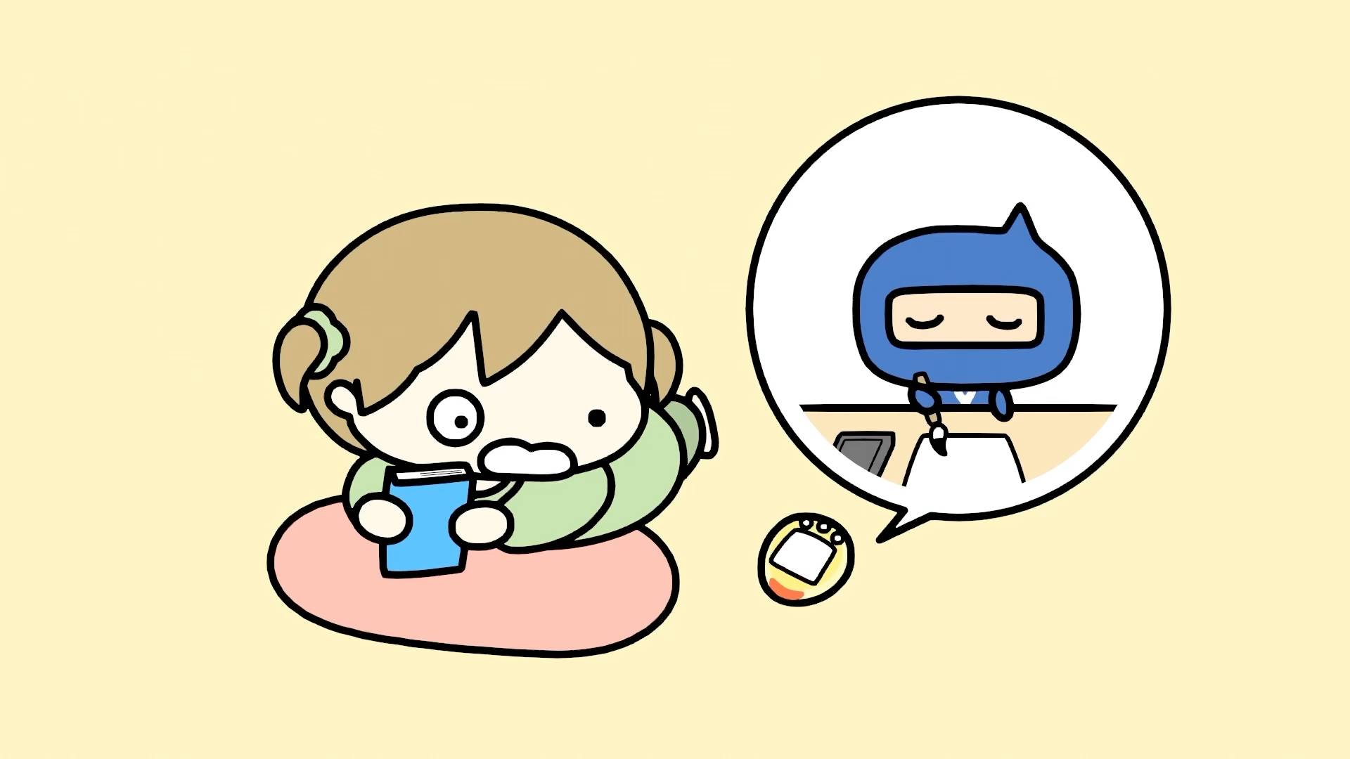 Tamagotchi character daydreaming about ninja costume with thought bubble in Tama Animation episode scene