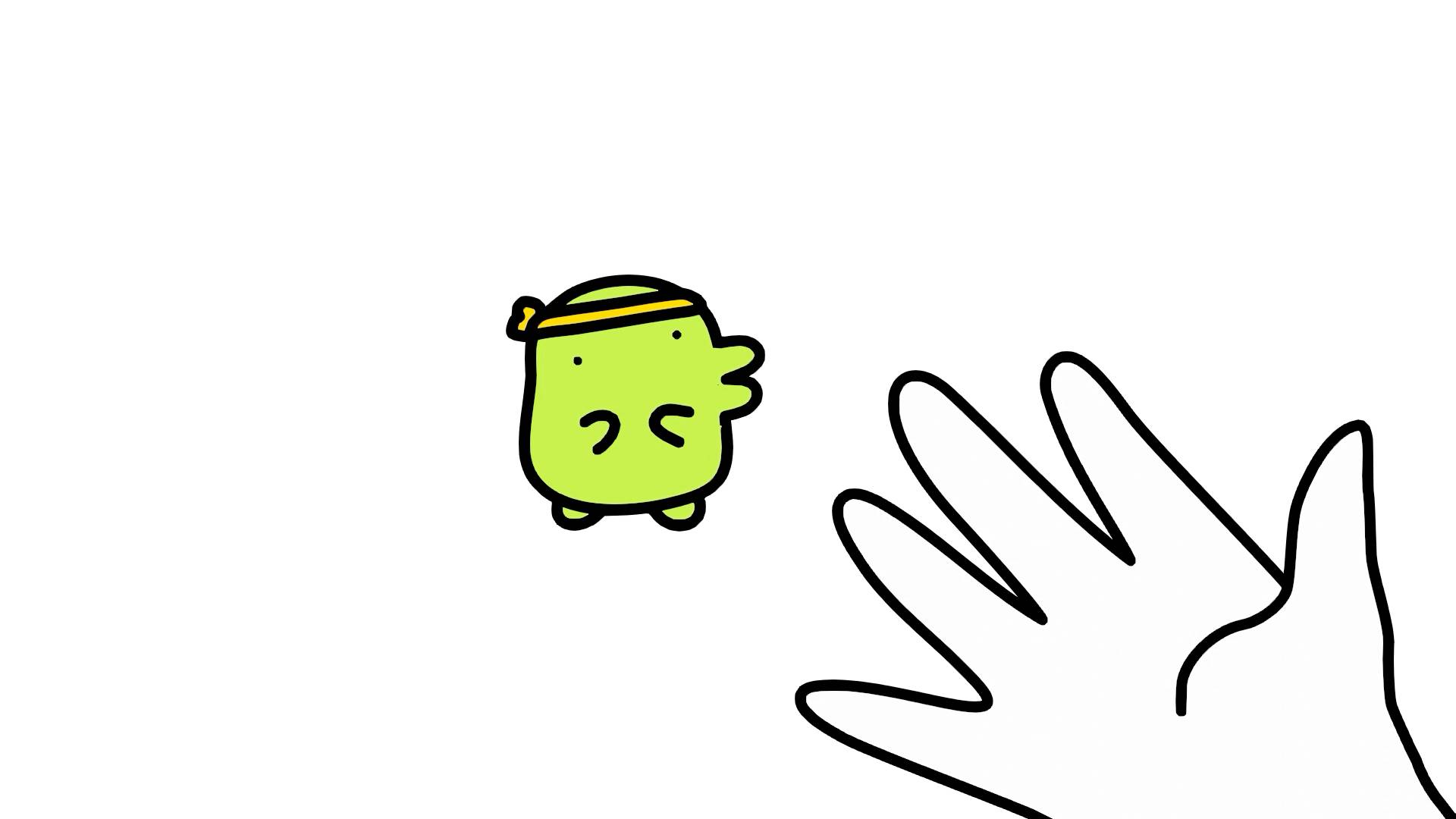 Tamagotchi character wearing headband with embarrassed expression next to caretaker hand gesture